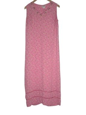 VTG Storybook Heirlooms Pink Floral Maxi Dress Size M V-Neck Embroidery Ribbon